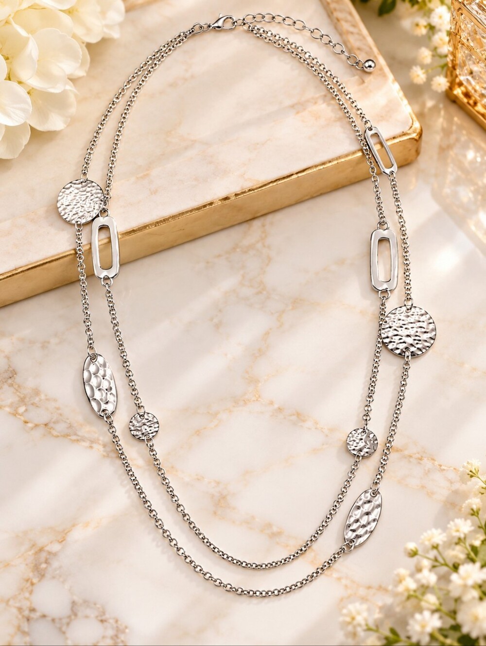 Silver Layered Hammered Disc Long Necklace Modern Geometric Statement Jewelry